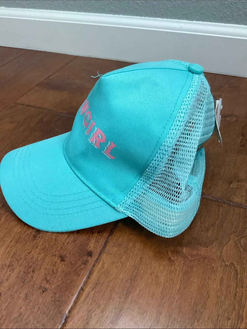 Cowgirl Trucker Hat - Aqua with Pink Logo NWT